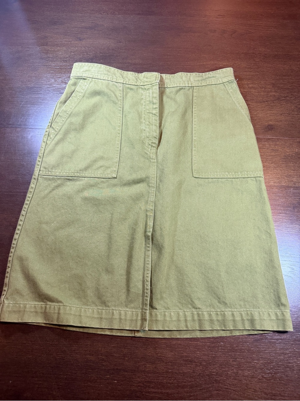 J.Crew Green Denim A-Line Skirt Women's 8 Knee Length Front Slit Patch Pockets